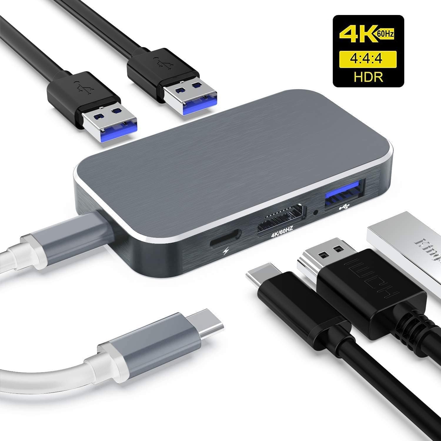 USB C Hub, NEWPOWER 5-in-1 Type C Hub, 4USB C3.1 to HDMI 4K@60Hz, 3 USB 3.0 Ports, 100w USB-C Power Delivery, Portable for MacBook Pro, iMac Pro, Chromebook and Other Type C Laptops and Phones - Grey