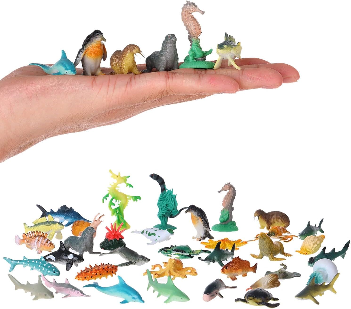 FLORMOON Mini Ocean Sea Animal Figures 36 pcs Realistic Plastic Aquarium Animals Action Model, Shark Bath Toys for Science Project, Birthday Party Cake Topper Gift for Kids Toddlers