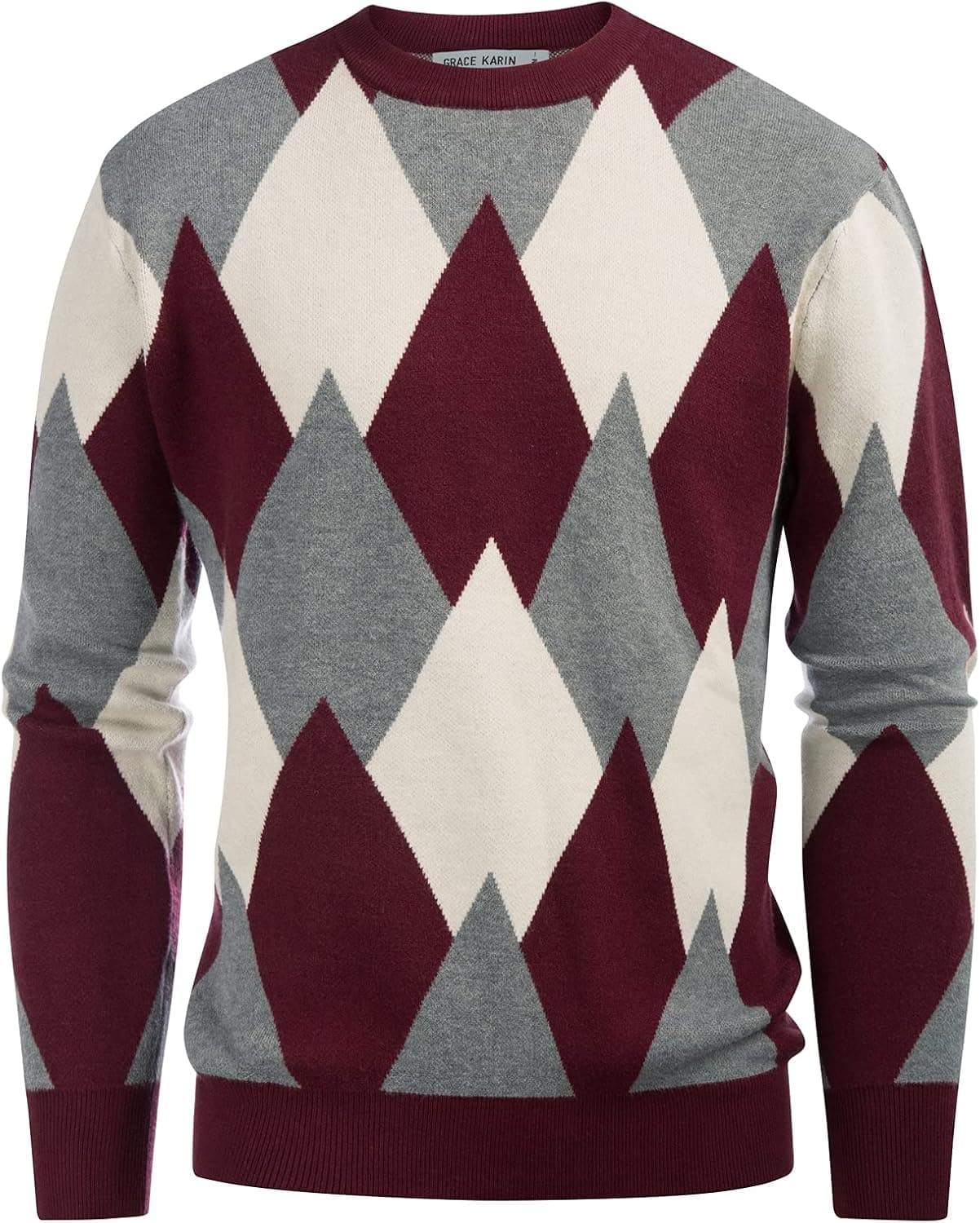 GRACE KARIN Men's Retro Argyle Sweater Long Sleeve Slim Fit Crewneck Pullover Sweater