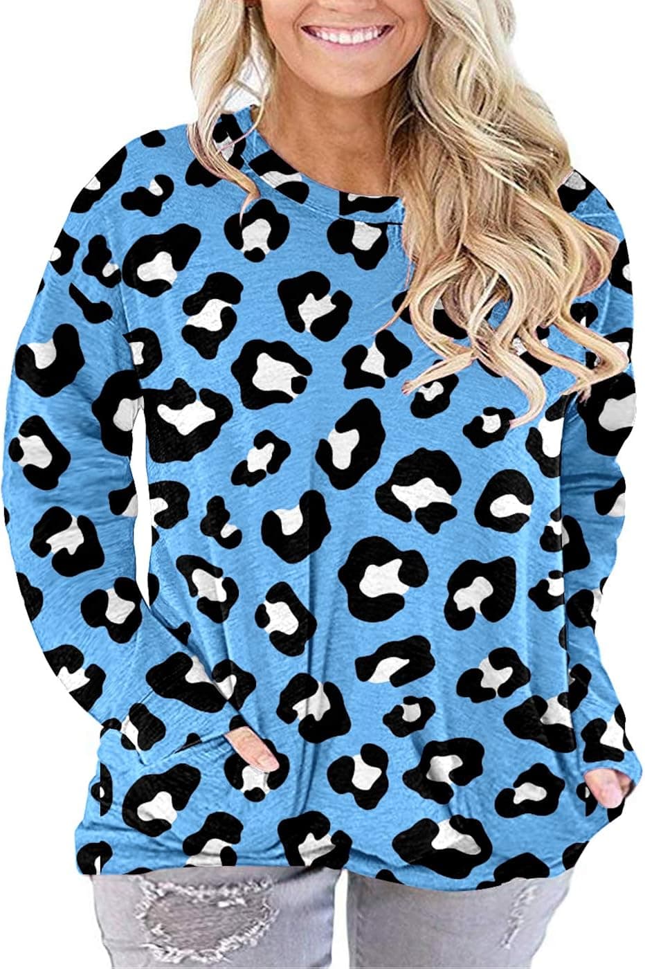 PLOKNRD Women Plus Size Casual Round Neck Long Sleeve Fit Tunic Top Baggy Comfy Blouse with Pockets (18W,Blue Leopard)