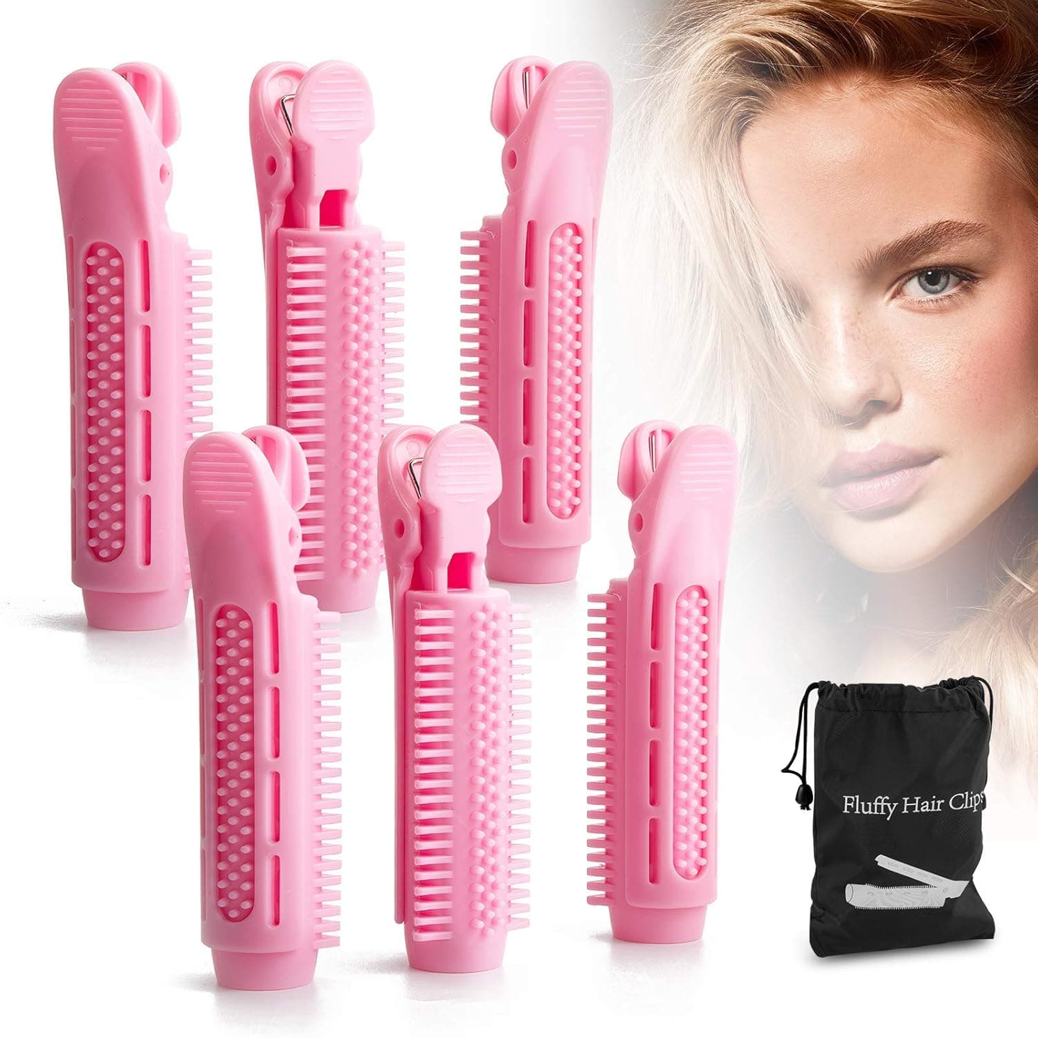 tEEZErshop Natural Fluffy Hair Clip 6PCS, Volumizing Hair Root Clip, Fluffy Hair Curler Clip DIY Hair Styling Tool Rollers Fluffy Hair Root Clips with Storage Bag for Women Girls(Fluffy Clamps Pink)