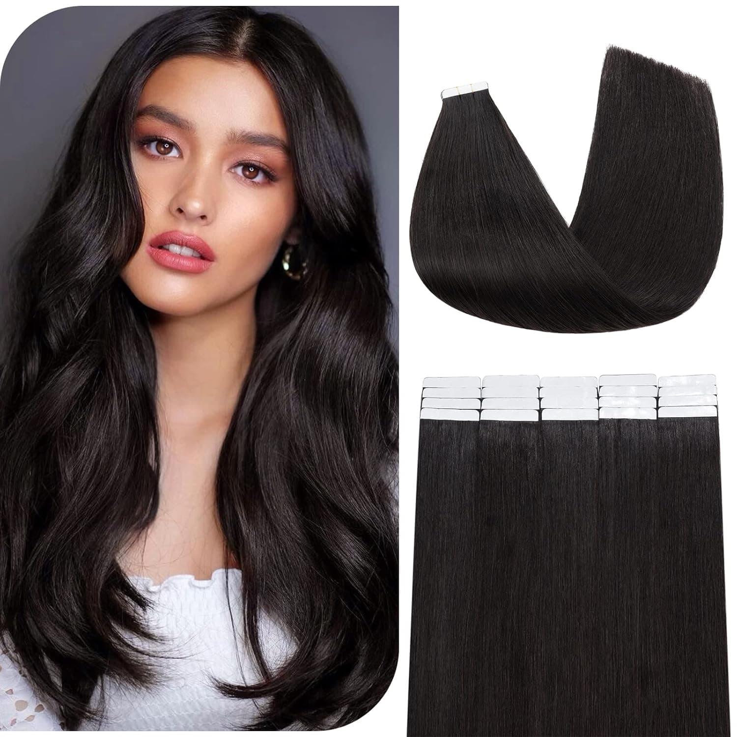 Benehair Tape in Hair Extensinons Human Hair Seamless Straight 22Inch 20Pcs 100% Real Human Hair #1B Natural Black Hair Extensinos Tape Ins with Soft Invisible Remy Hair Extensions for Women 50g