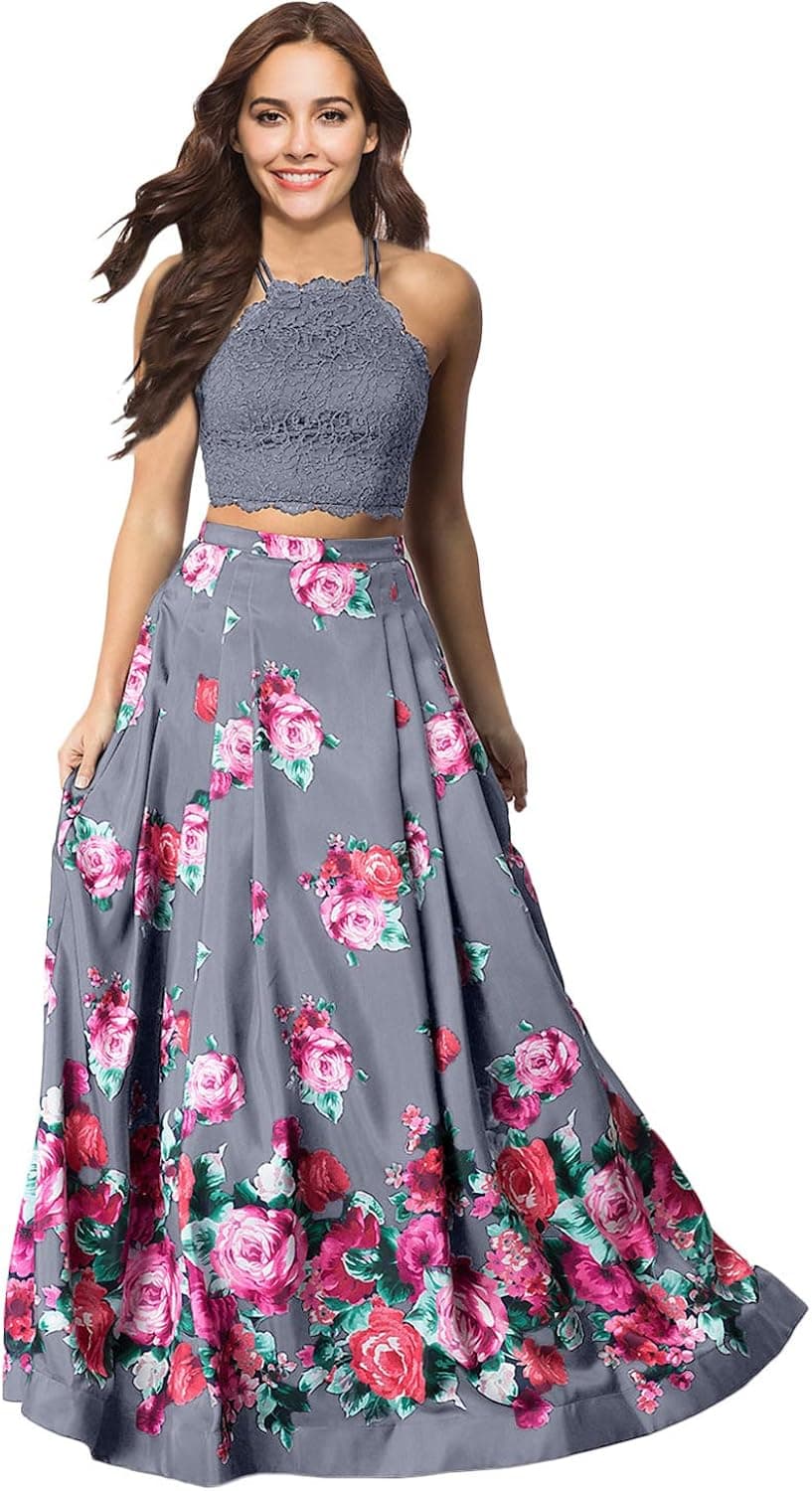Women's Off Shoulder Floral Printed 2 Piece Prom Dress Long Lace Evening Formal Gowns