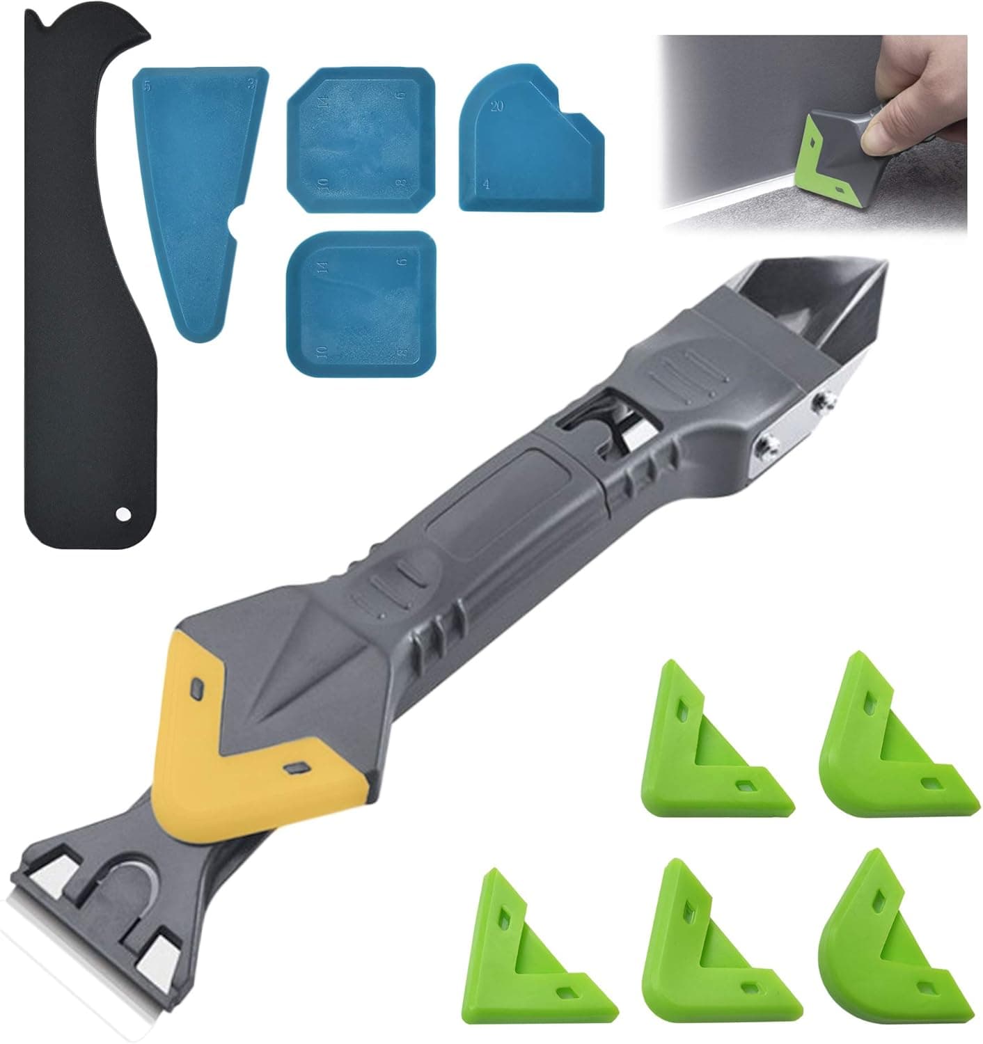Caulking Tool Kit,Upgraded 5 in 1 Stainless Steelhead Caulking Tools, Sealant Caulk Grout Remover Scraper, Reuse and Replace 5 Silicone Pads For Kitchen, Bathroom, Window, Sink Joint (Pink)