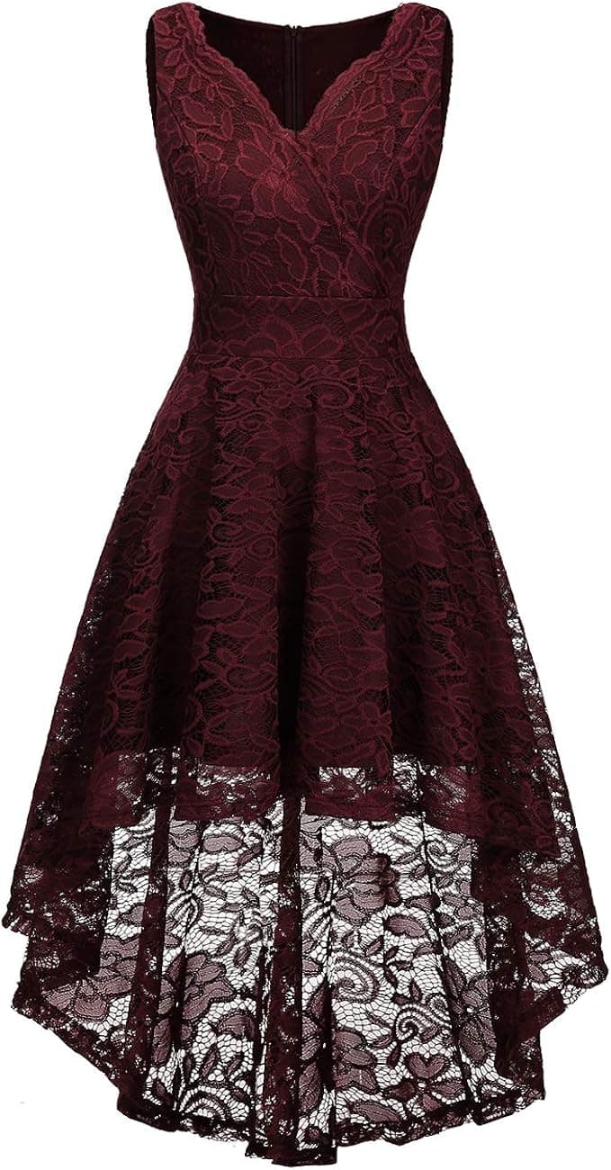 Vinvv Women Floral Lace Dress Asymmetrical Hi-lo Cocktail Party Dresses Vintage Bridesmaid Dress