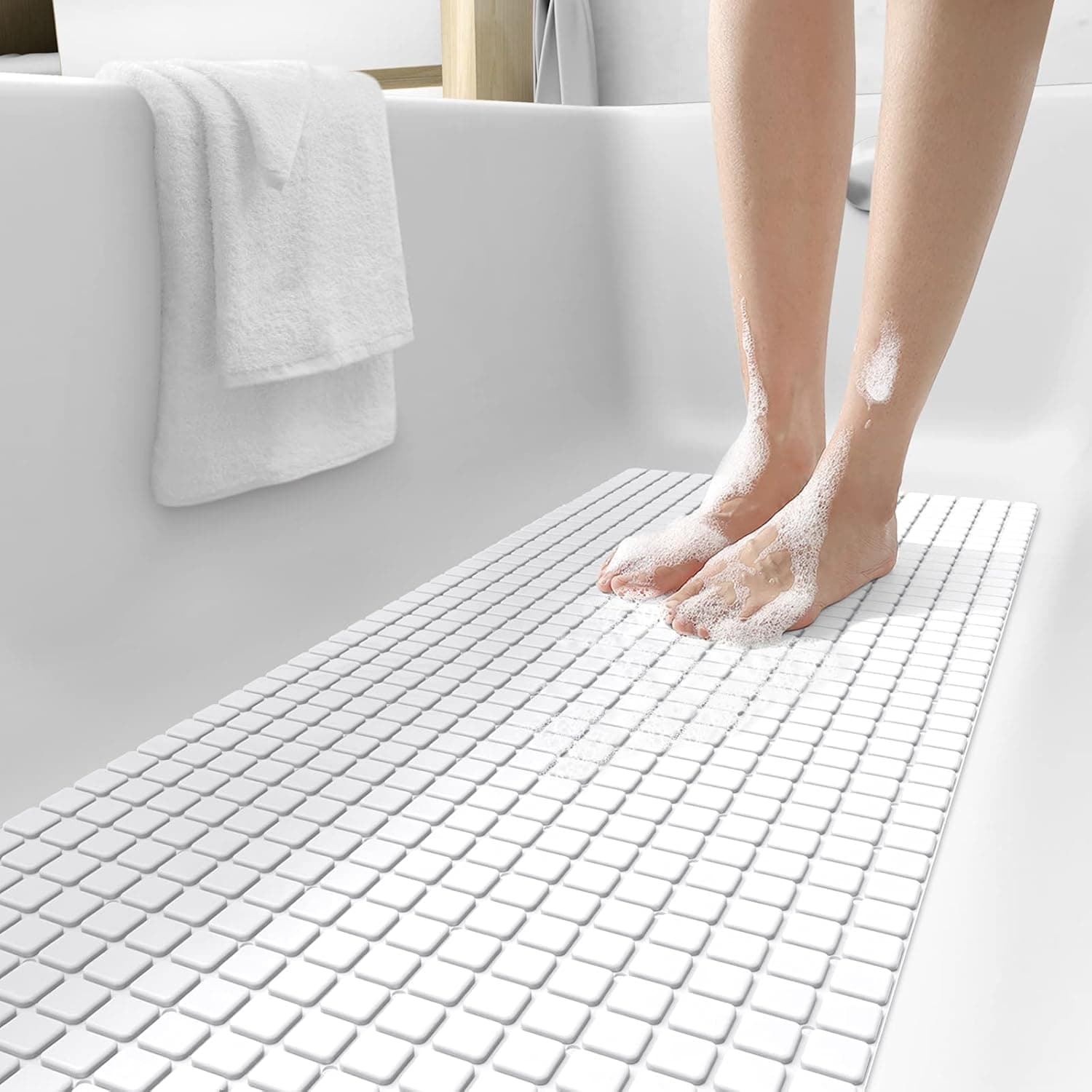 DEXI Bath Tub Shower Mat Non-Slip 16 x 39 Extra Long Bathtub Mats, Suction Cups, Drain Holes, Machine Washable Bathroom Mat, White
