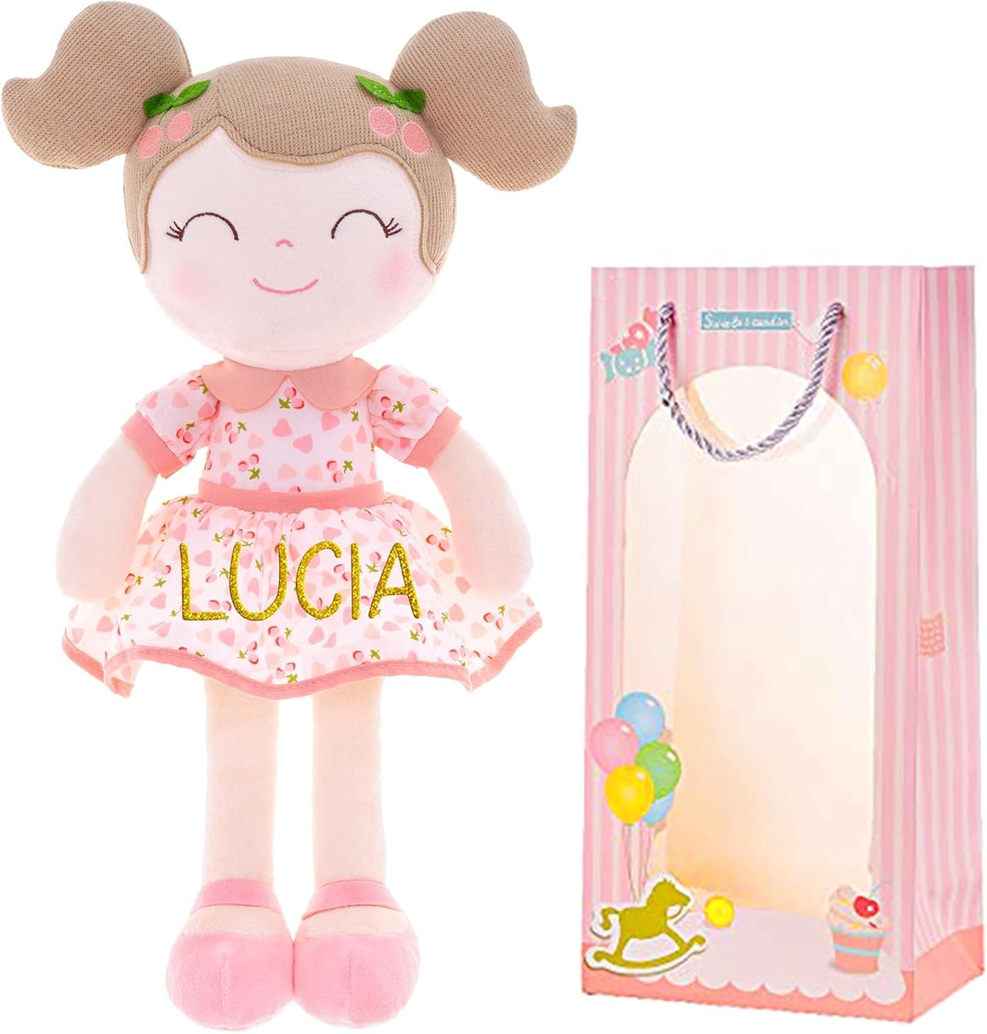 Gloveleya Personalized Doll with Your Name - Cute Pink Cherry Color Custom Soft Plush Doll for Girls Plush Doll Customized Gifts