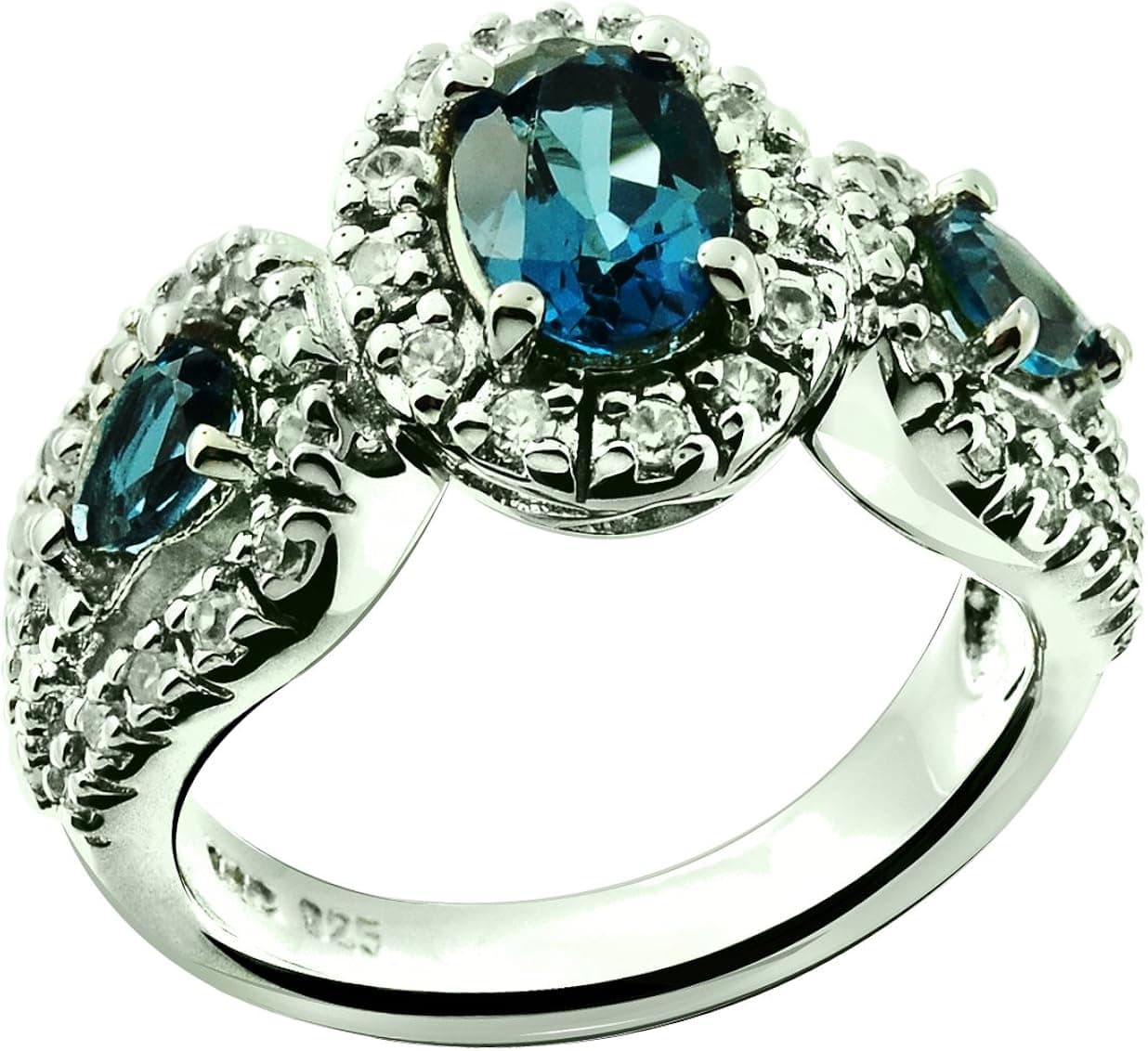 RB Gems Sterling Silver 925 Ring Genuine Gemstone Oval 7x5 mm with Rhodium-Plated Finish, 3-Stone-Style