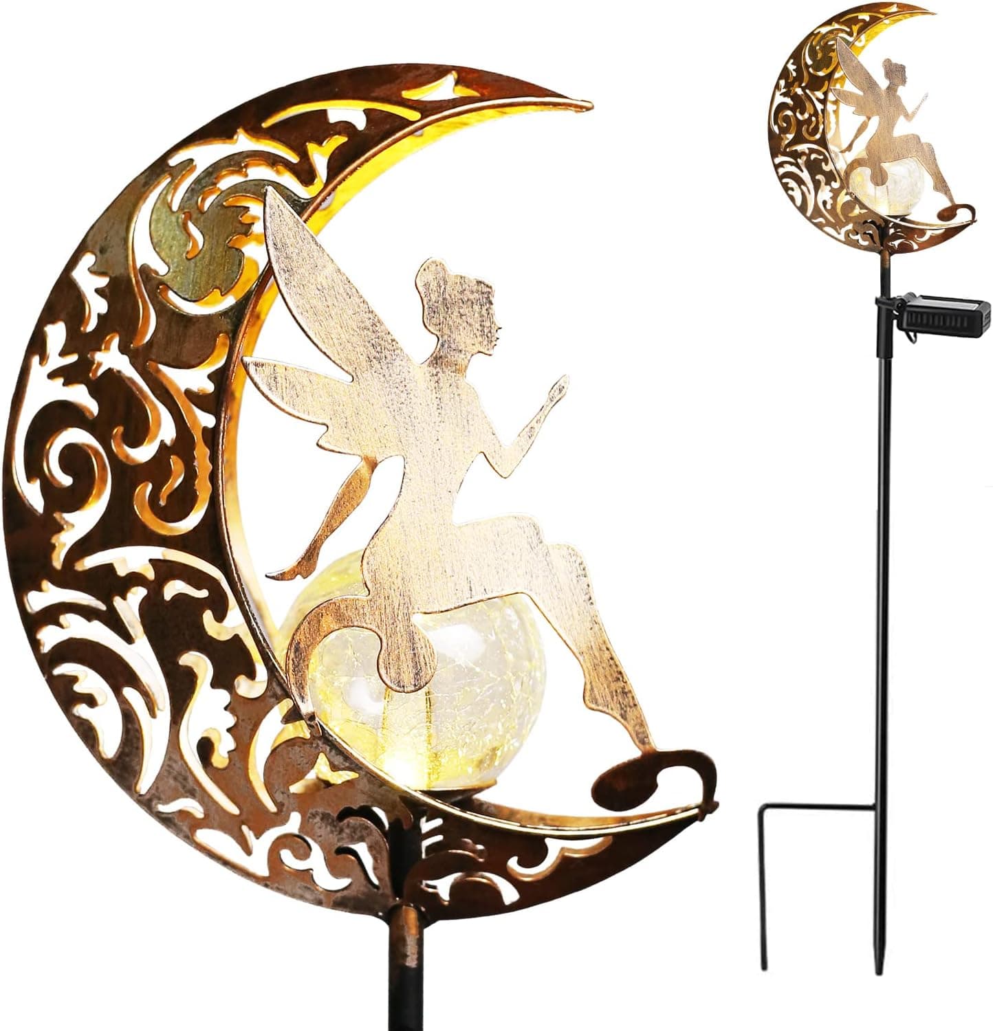 ZNYCYE Fairy Garden Lights,Decorative Solar Stake Crackle Glass Globe with Moon Fairy Decor, Pathway Stake Lights Waterproof for Walkway, Yard, Lawn, Patio or Courtyard (Warm White)