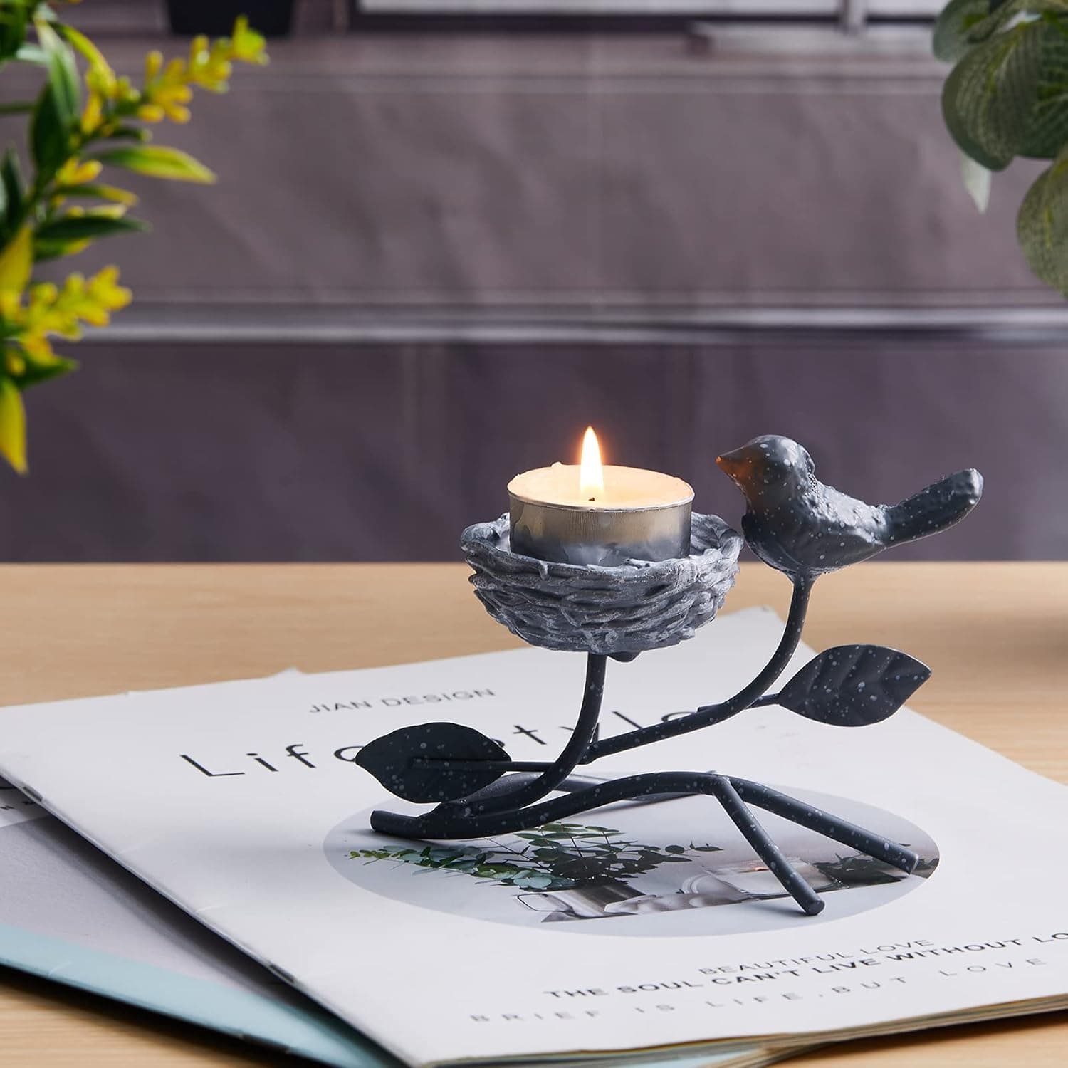 Tea Light Candle Holder,Vintage Votive Candle Holders Home Decor Centerpiece, Iron Bird and Branches, Resin Nest, Tabletop Decorative TeaLight Candle Stands