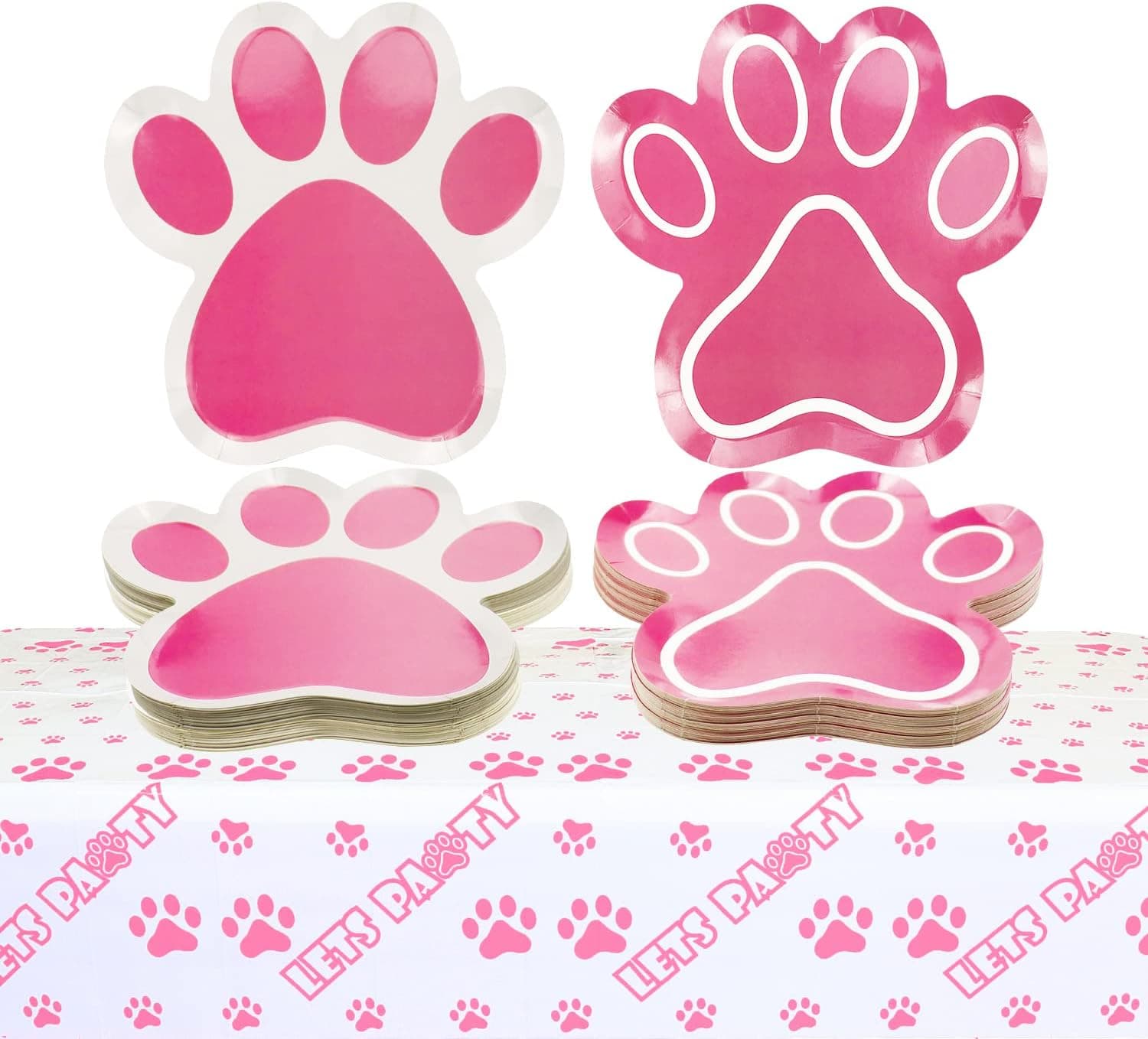 80Pcs 9in Paw Shaped Party Plates, 2Pcs 54x86in LET'S PAWTY Paw Print Tablecloth, Pink Puppy Pet Paw Prints Plates for Doggy and Kitten Theme Birthday Party Decorations