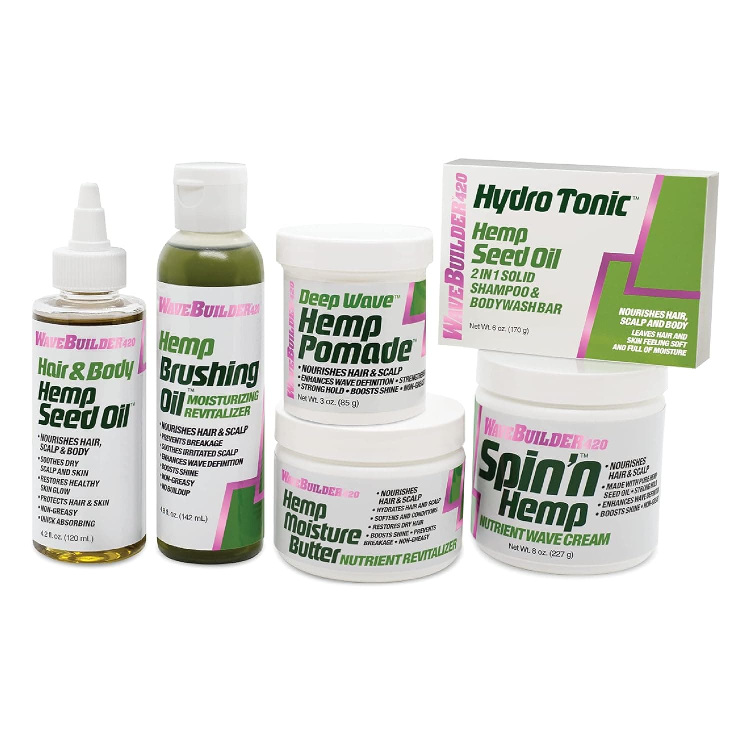 Wavebuilder 420 Hemp Elite Set for Waves with 6 Items: Pomade, Butter, Brushing Oil, Cream, Hemp Seed Oil & Shampoo and Bodywash Bar