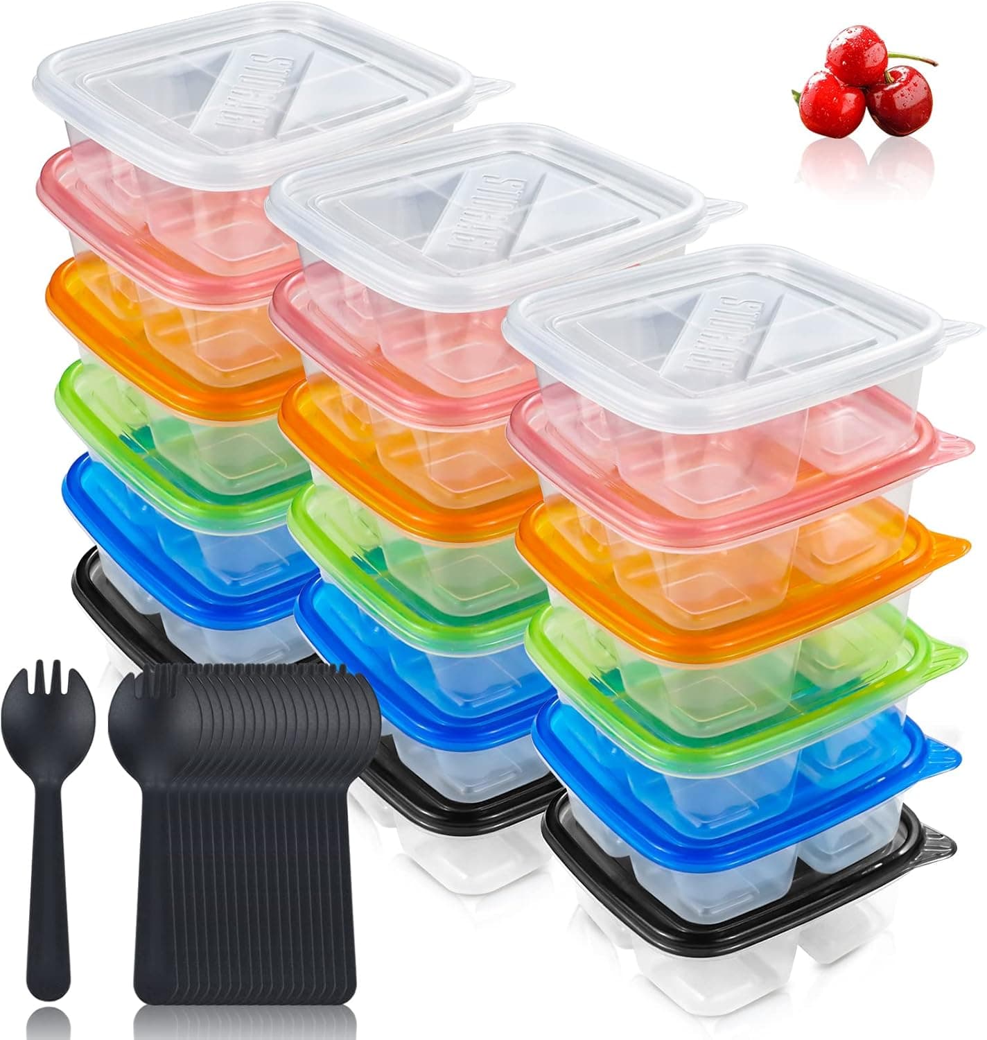 WYKOO 18 Pack Reusable Bento Snack Food Containers with Forks, 4 Compartments Leakproof Food Prep Containers for Kids Adults, School and Work