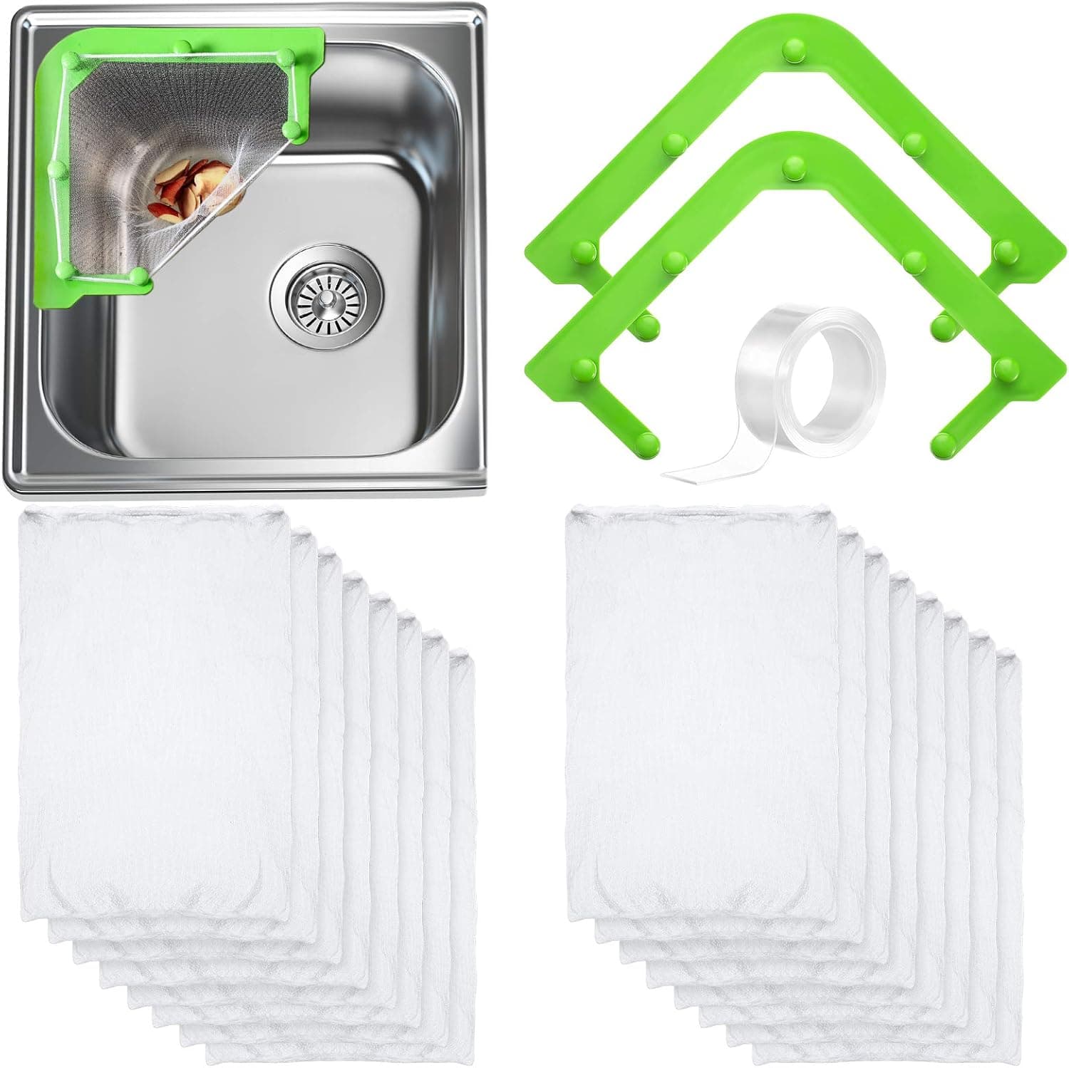 2 Triangle Tri-Holder Filter Baskets with 200 Triangle Sink Strainer Bags and 1 Tape, Kitchen Filter Set Sink Filter Bag Triangular Mesh Hanging Net Bag for Kitchen Leftover Sink Garbage Holder