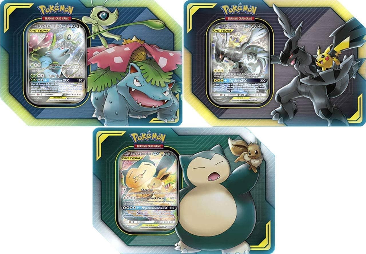 Pokémon TCG: TAG Team Tin's Pikachu & Zekrom, Eevee & Snorlax and Celebi & Venusaur