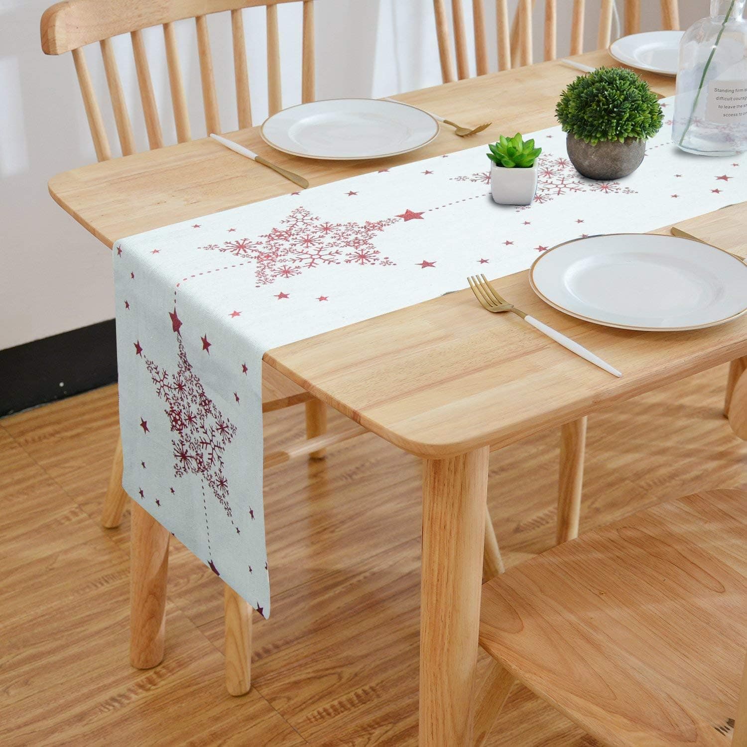 Christmas Table Runner, Reepow Burlap Red Snowflakes Star Pattern Table Linens for Xmas Event Party Decorations (11 x 106 inches)