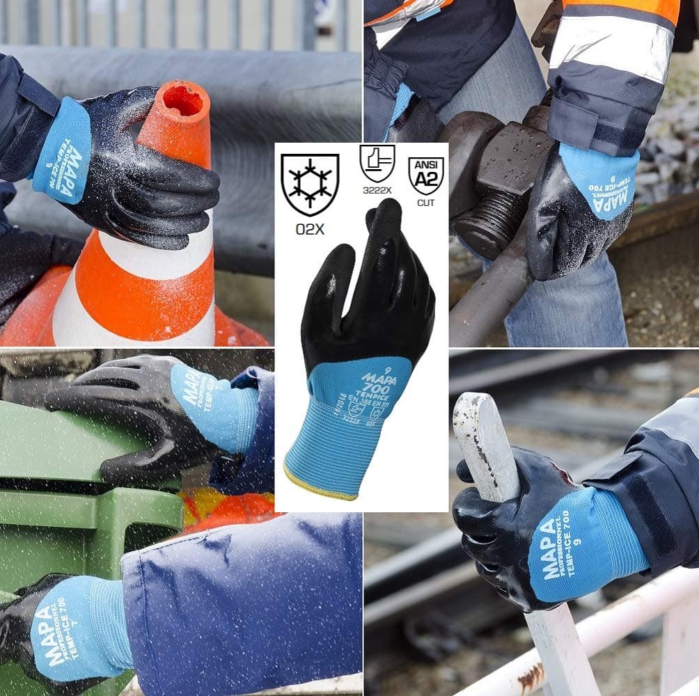 Temp-Ice 700419 700 Gloves, Double Thermal Lined 3/4 Coated Nitrile Grip and Proof Coating, Cold Protection Up to -10 Degree C, Size 9, Black/Blue (1Pair Pack)