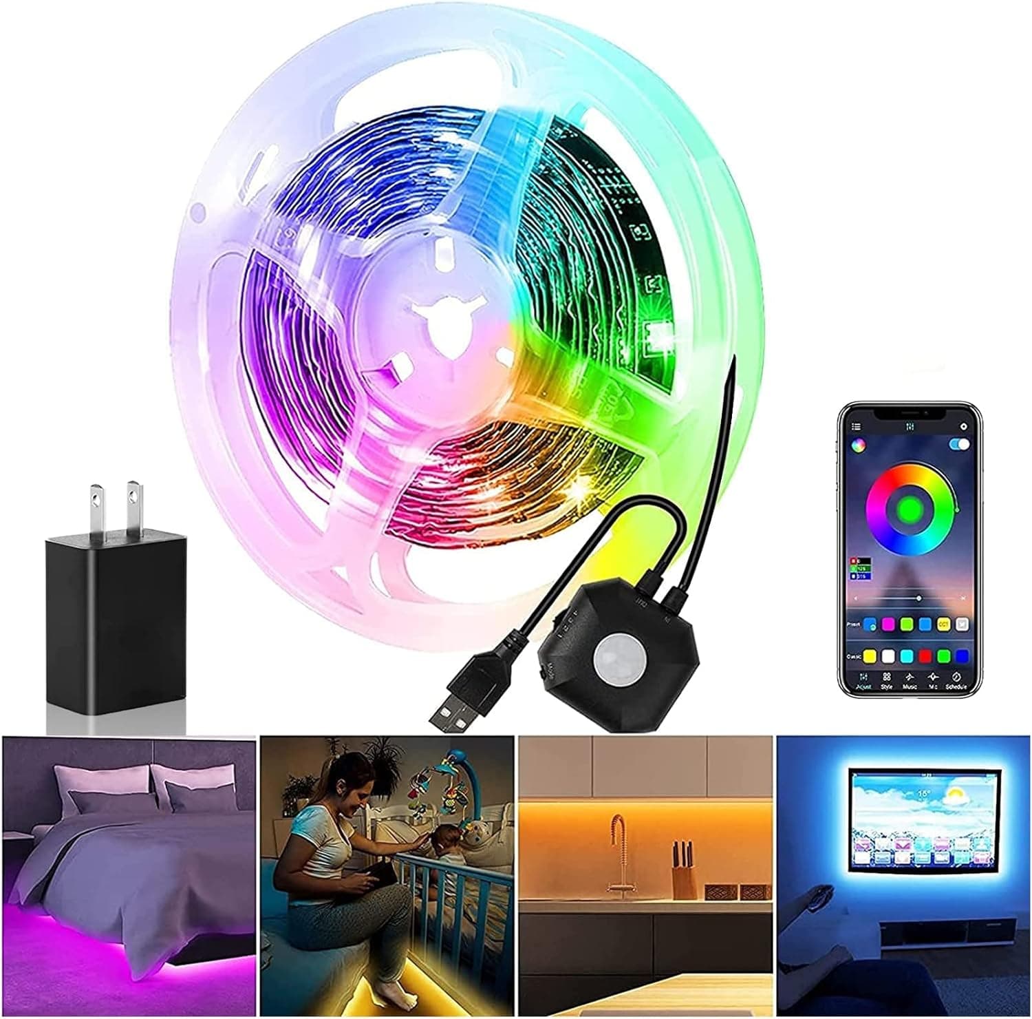 Motion Sensor Under Bed Lights,9.84FT Motion Sensor Strip Lights with APP Control, Led Lights for Bed with 4 Timing Off Modes,5V Plug-in Motion Activated LED Light Strip for Stairs,Cabinet,Bedroom