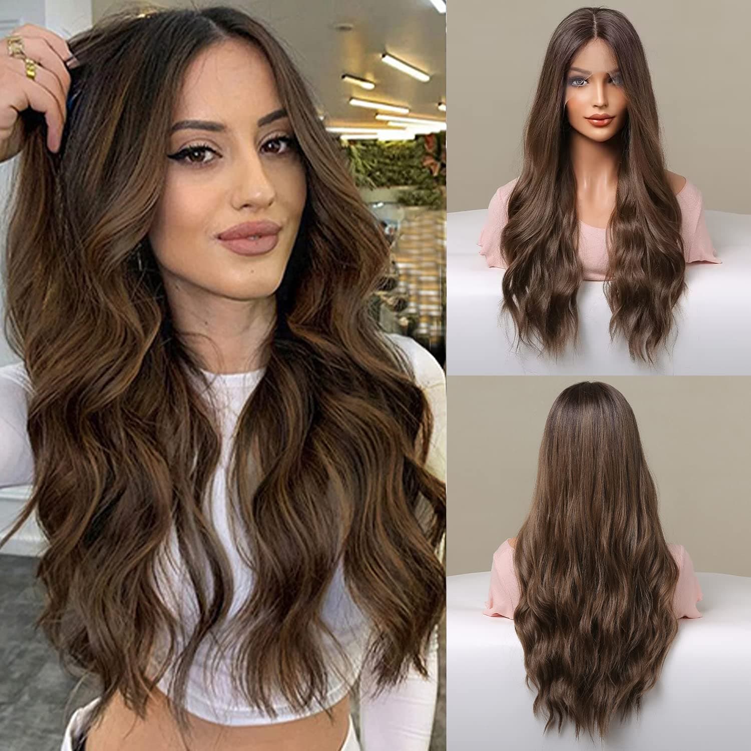 BLONDE UNICORN Long Wavy Brown Lace Front Wig for Women Ombre Brown Wigs Middle Part Lace Front Wig Synthetic Hair Wig with Baby Hair