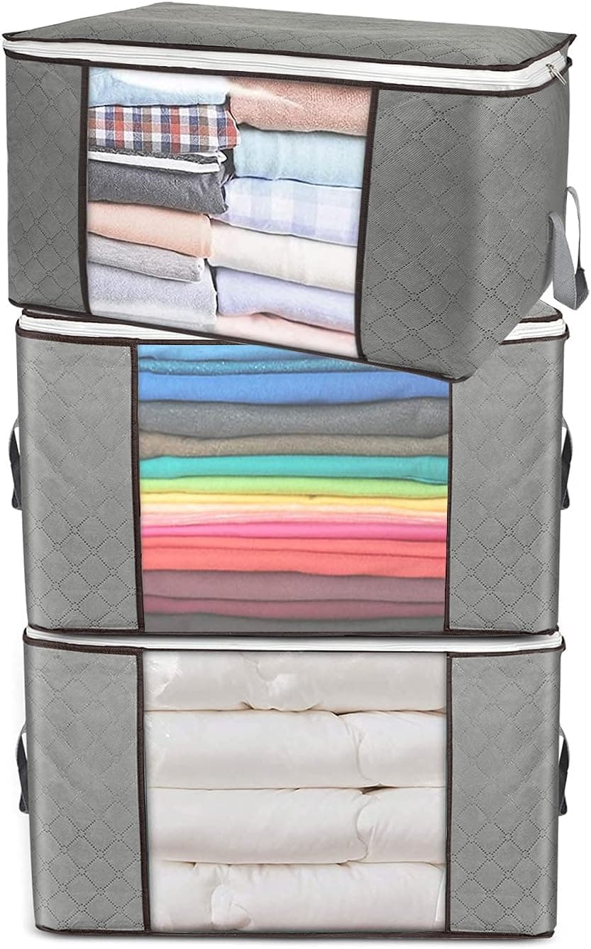 Txtsegose Large Capacity Clothes Storage Bag,Capacity Storage Bins with Clear Window, Closet Organizer with Reinforced Handle, Storage Containers Foldable with Sturdy Zipper, 3 Pack, (Gray).