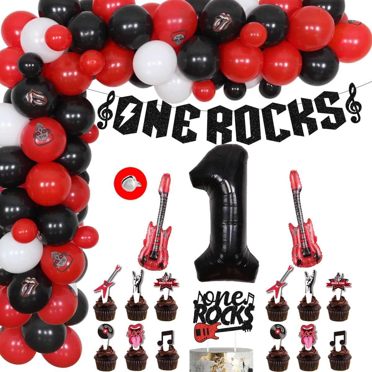 One Rocks 1st Birthday Decorations, Rock and Roll Birthday Decorations for Boys Girls, Music Themed Rock Band Party Decorations - One Rocks Cake Topper, Banner, Guitar Foil Balloons with Bell