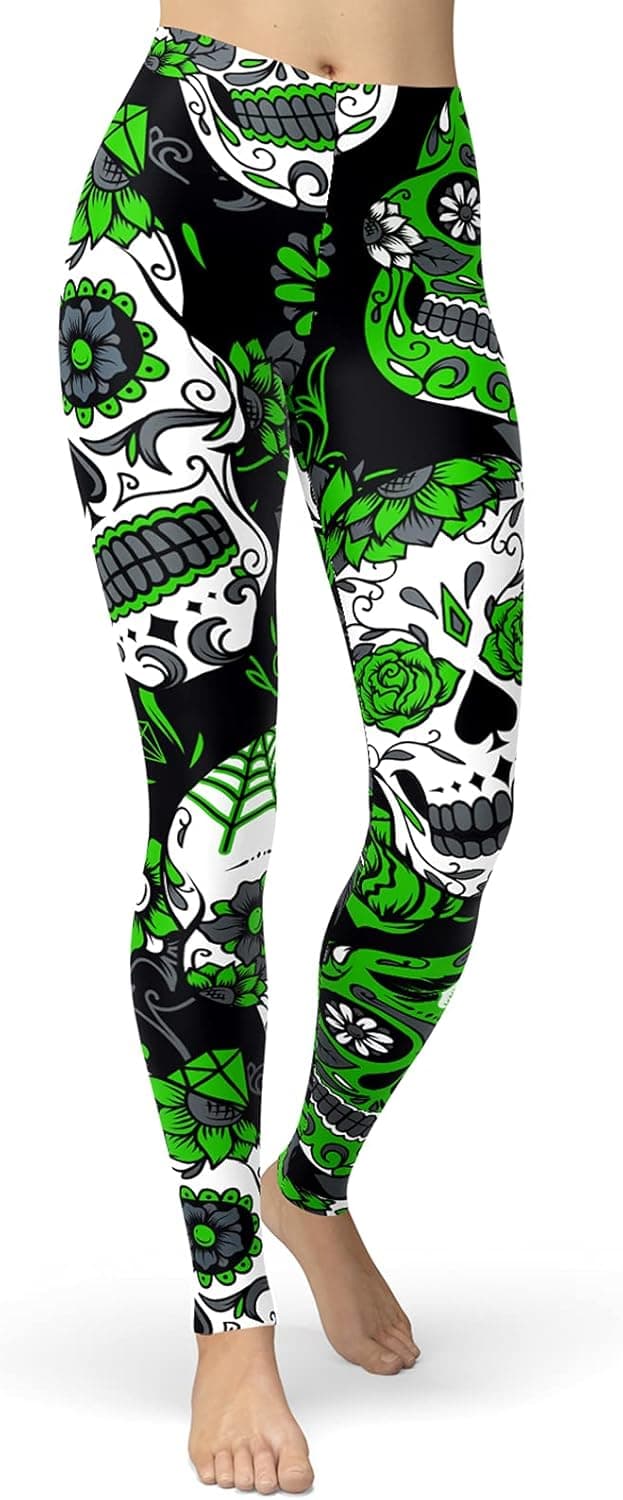 sissycos Women's Sugar Skull Leggings Buttery Soft Rose Printed Halloween Stretchy Pants 28"