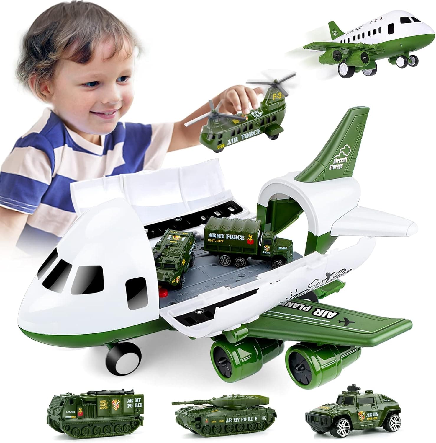 UNIH Airplane Toys Set, Transport Cargo Airplane and 6PCS Mini Army Vehicles, Military Vehicle Play Set Birthday Gift for Kids Toddlers Boys 3 4 5 6 Years Old