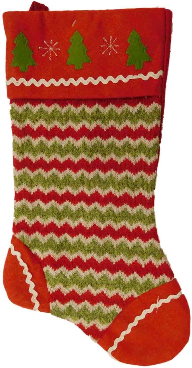 Holiday Embellished Red & Green Chevron Stripes Felt Christmas Tree Stocking