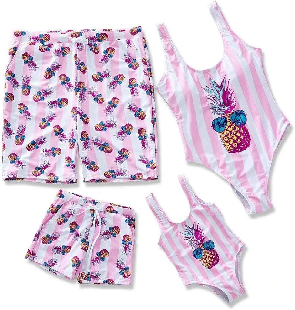 IFFEI Family Matching Swimsuit Pineapple Printed Striped Monokini One Piece Bathing Suit Beach Wear Girls: 6-7 Years Pink