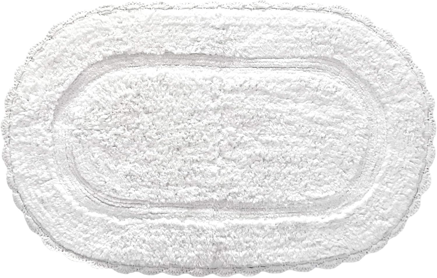 White Bath Rug: Soft and Absorbent Oval 100% Cotton with Decorative Crochet Border, 20" x 32" Inches