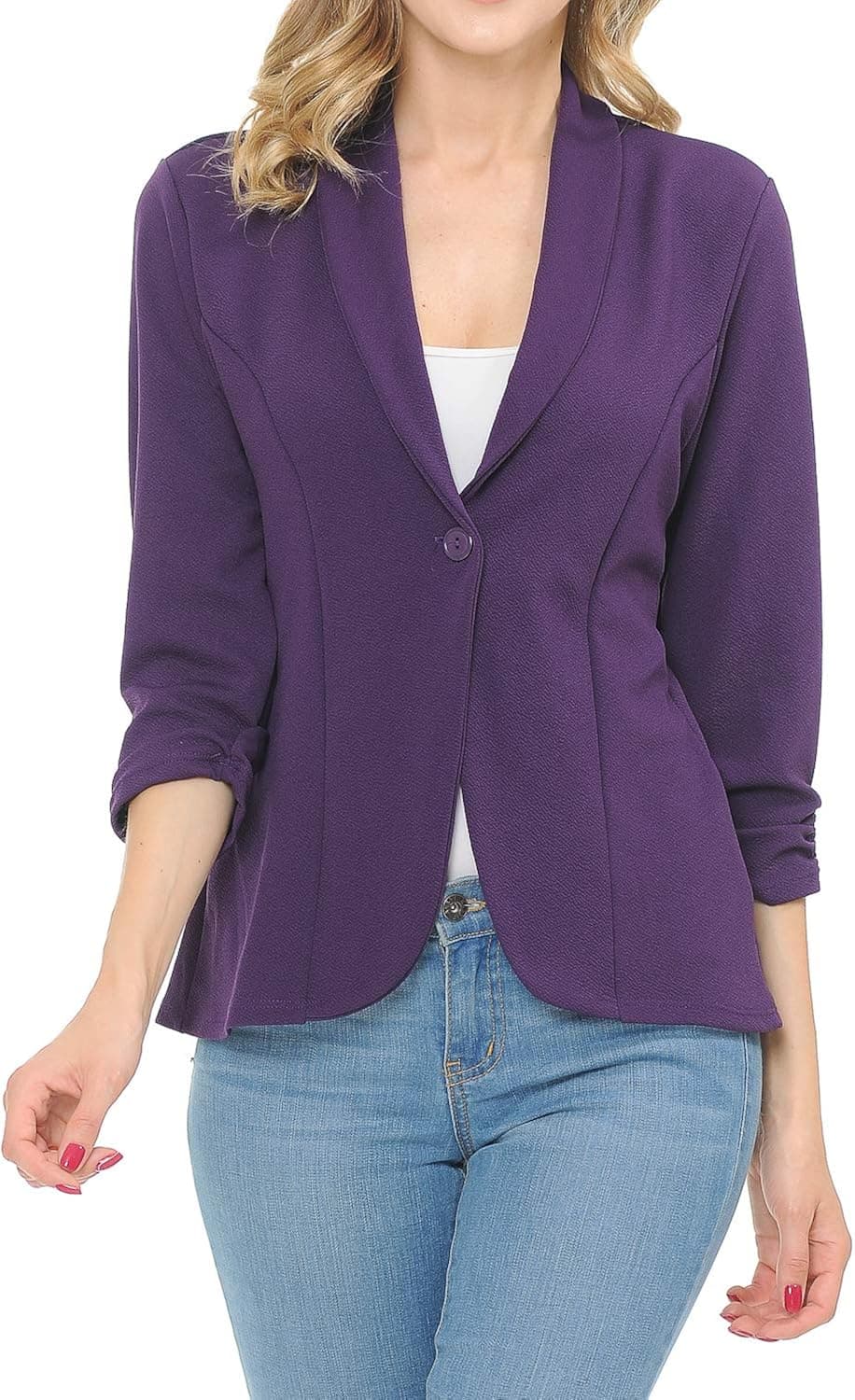 MINEFREE Women's 3/4 Ruched Sleeve Lightweight Work Office Blazer Jacket (S-3XL)