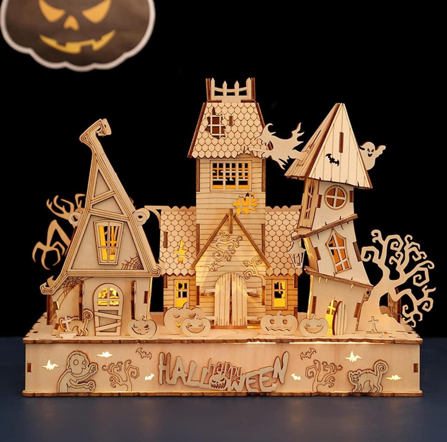 Crab shopkeeper 3D Stereoscopic Halloween House Wooden Puzzle DIY Pre-lit - Building Building Model Toys for Adults and Children Ehtacep, Light Brown