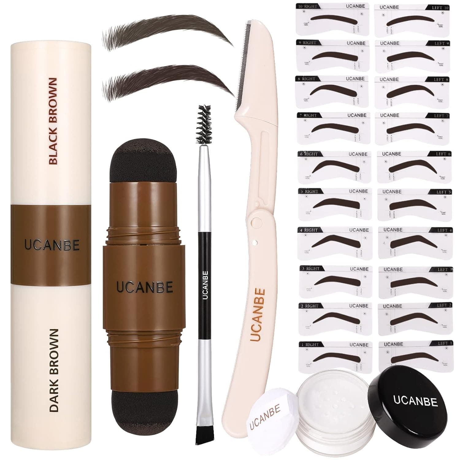 UCANBE 25PCS Eyebrow Stamp Stencil Kit With Dual-Color Eyebrow Stamp Pomade, 20 Reusable Eyebrow Stencils, Finising Powder, Double-Ended Brush, Eyebrow Razor, Zipper Pouch, Long Lasting Waterproof Eye Brow Stamping and Shaping Kit(Dark Brown+Black Brown)