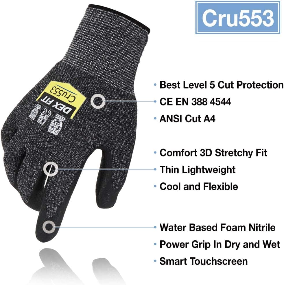 DEX FIT Level 5 Cut Resistant Gloves Cru553, 3D-Comfort Fit, Firm Grip, Thin & Lightweight, Touch-Screen Compatible, Durable, Breathable & Cool, Machine Washable; Black Grey M (8) 3 Pairs