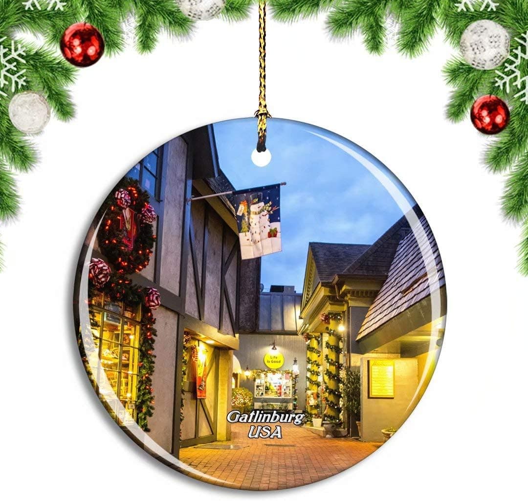 Weekino USA America Gatlinburg Christmas Xmas Tree Ornament Decoration Hanging Pendant Decor City Travel Souvenir Collection Double Sided Porcelain 2.85 Inch