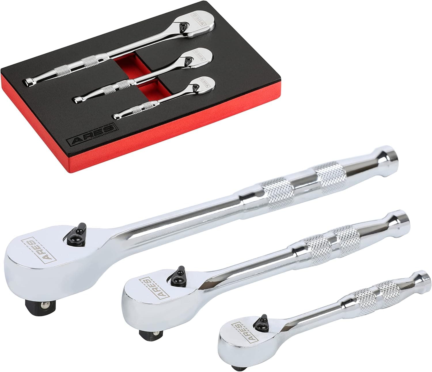 ARES 42000-3-Piece 90-Tooth Full Polish Ratchet Set - Chrome Vanadium Steel Construction & Chrome Plated Finish - Reversible Design - 4 Degree Swing - Ratcheting Tool Set
