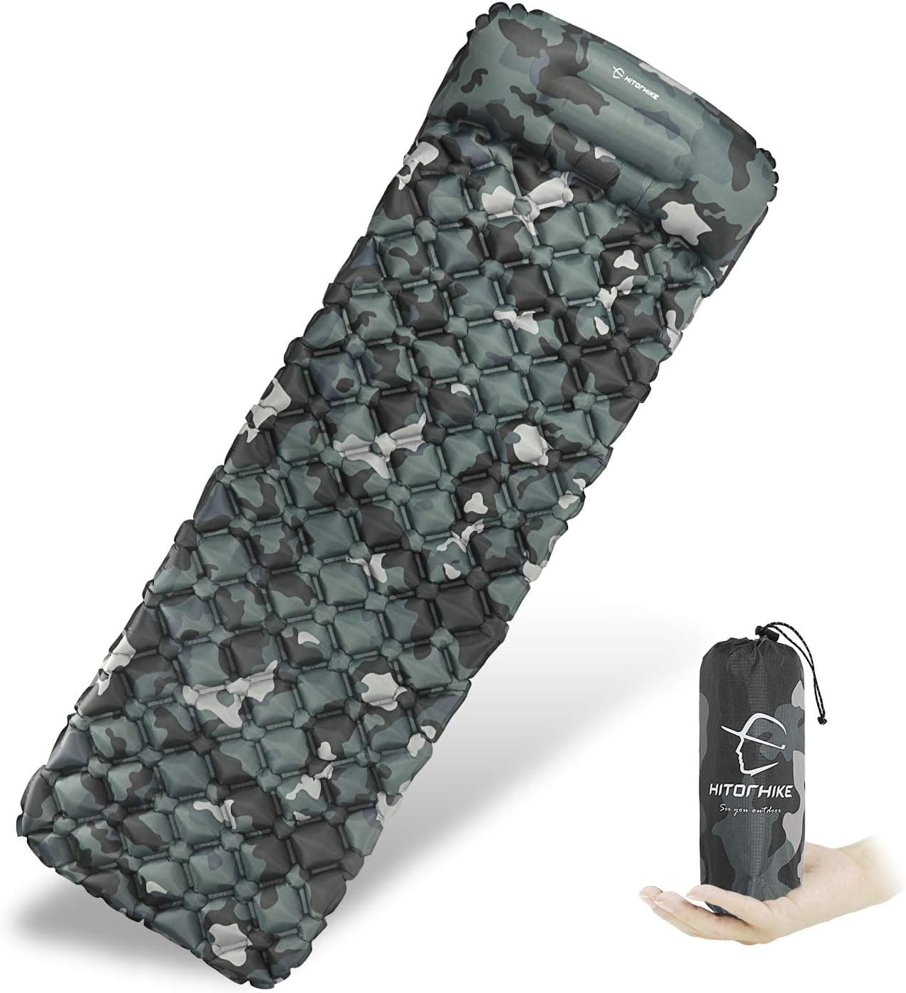 HITORHIKE Backpack Sleeping Pad Lightweight Camping Sleeping Bag Pad Ultralight & Compact & Inflatable Air Mattress Pad-Insulated Air Mat for Camp,Backpacking,Hiking,Scouts,Travel(CAMO)