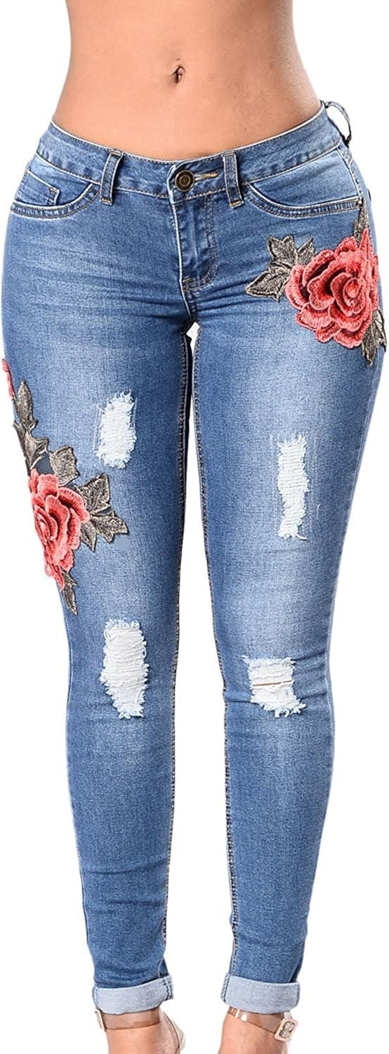 LOMON Women Ripped Jeans High Waist Stretch Jegging Skinny Embroidered Pant Slim (Destroyed Denim Jeans, 27(US 2-4))