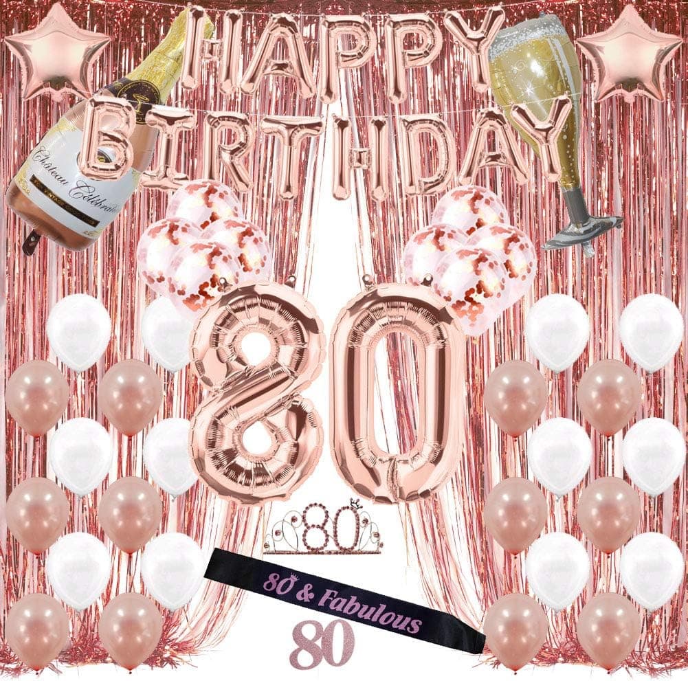 Rose Gold 80th Birthday Decorations for Women, 80 Birthday Party Supplies Include Foil Fringe Curtains, Happy Birthday Balloons,Birthday Tiara & sash, Cake Topper