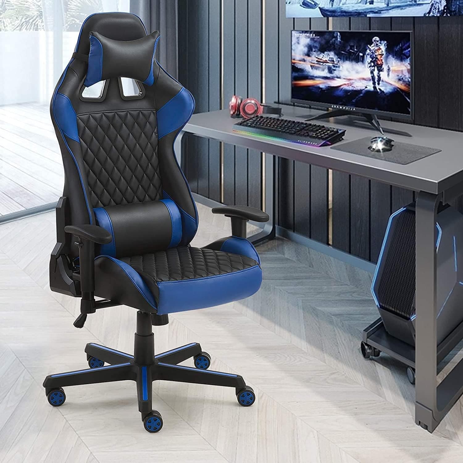 Computer Gaming Chair, Ergonomic High Back Computer Chair with 2D Armrests, Swivel Drafting Task and Tilt Lock, Height Adjustment, Hold Up to 350lbs (Blue)