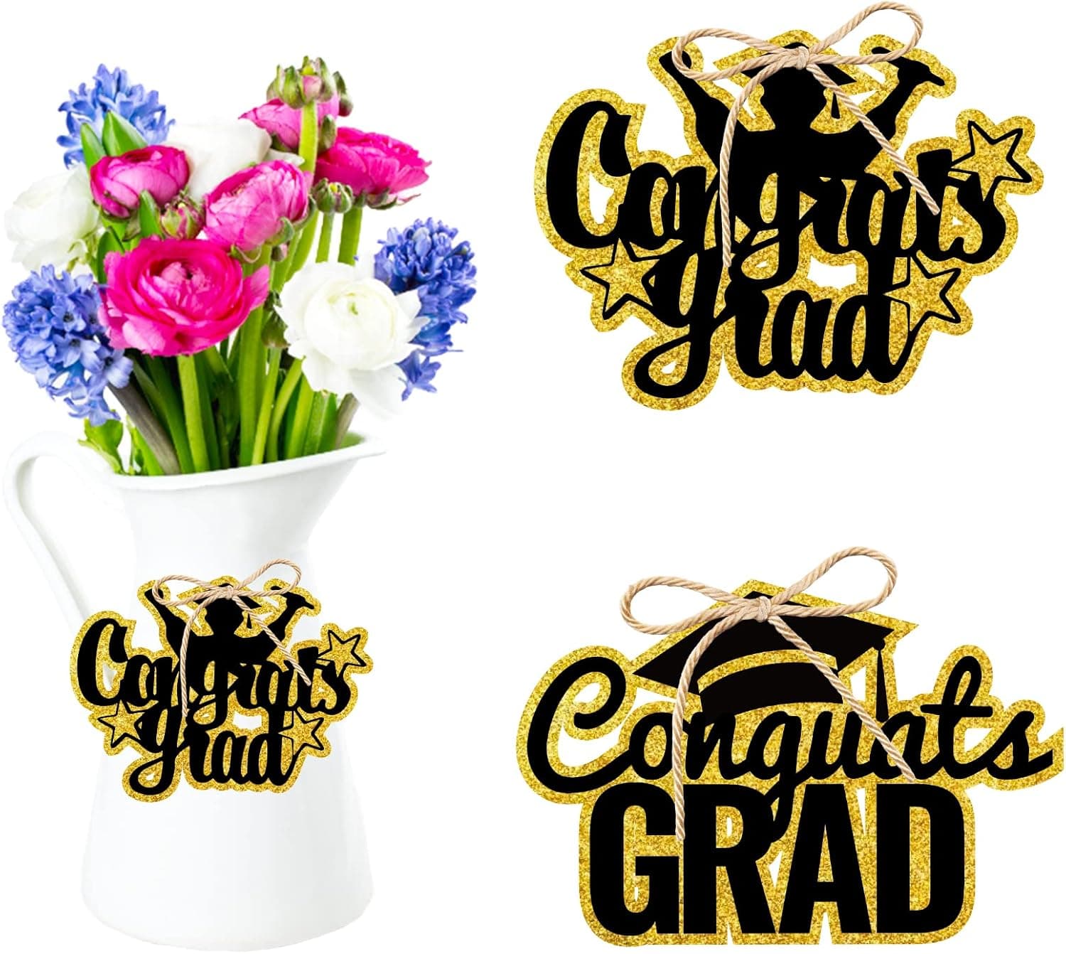 36pcs Graduation Party Favor Tags Decorations Black Gold Congrats Grad Cap Cutouts Tags for Grad Table Centerpieces Gift Tags Craft Decor Supplies