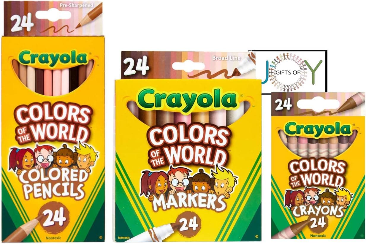GiftsOfJoy Colors of The World Multicultural Art Kit. Includes 24ct multicultural Crayons, 24ct Colored Pencils, 24ct Markers, and an EXCLUSIVE GiftsOfJoy Colors of World coloring sheet