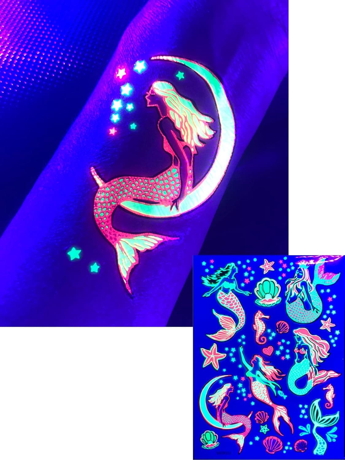 Blacklight Glow Party Temporary Tattoo-1 Sheet Mermaid Princess