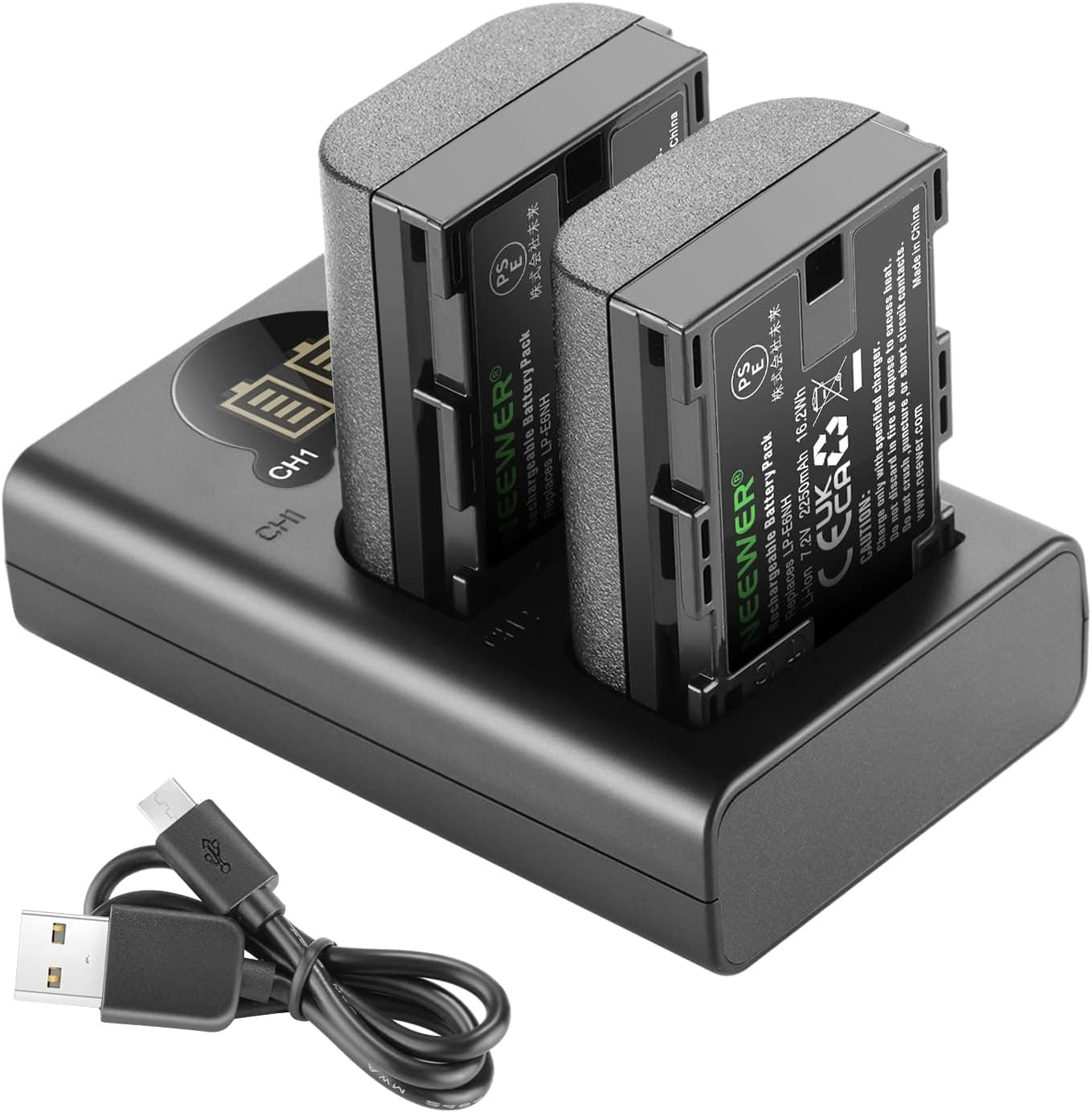 Neewer LP-E6 LP-E6N Battery Charger Rechargeable Batteries Set Compatible with Canon 5D Mark II III IV 80D 70D 60D 6D EOS 5Ds 5D2 5D3 5DSR 5D4 and More (2-Pack 2000mAh, Dual USB and Type-C Input)