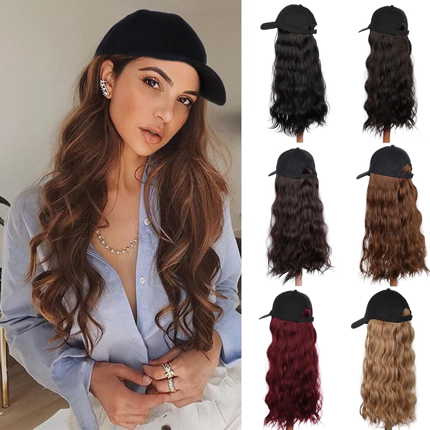 AISI BEAUTY Hat Wig Long Water Wave Baseball Cap with Hair Hat with Hair Wig Hat Synthetic Hat Wig Adjustable Hat Wig Dark Brown Wig Hat Long Wig Party Daily Use(Dark Brown)