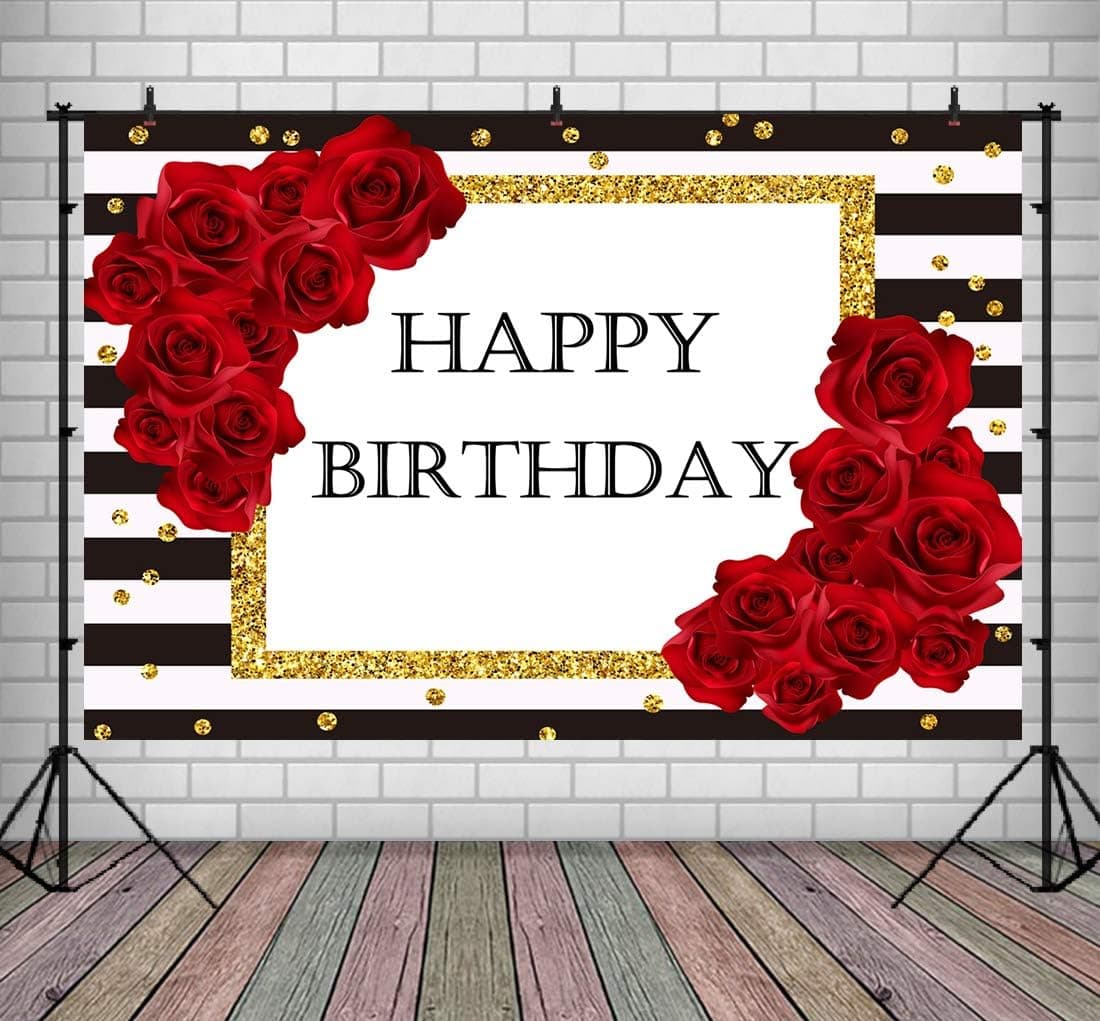 Happy Birthday Backdrop for Adult Women Party Red Rose White and Black Stripes Party Background Glitter Birhtday Party Decorations Banner Photo Booth Props 9x6ft