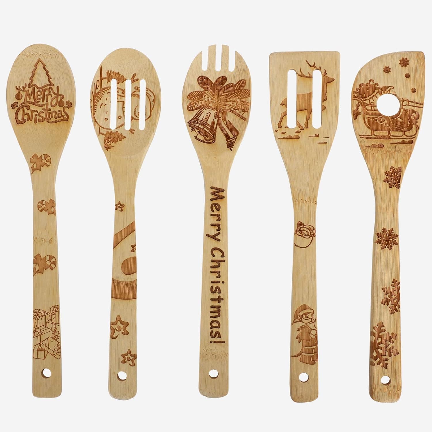 5Pcs Wooden Spoons Set for Cooking Burned Wooden Spatula Bamboo Spoons Serving Kitchen Utensil Gadgets Fun House Present Slotted Spoon (Christmas)