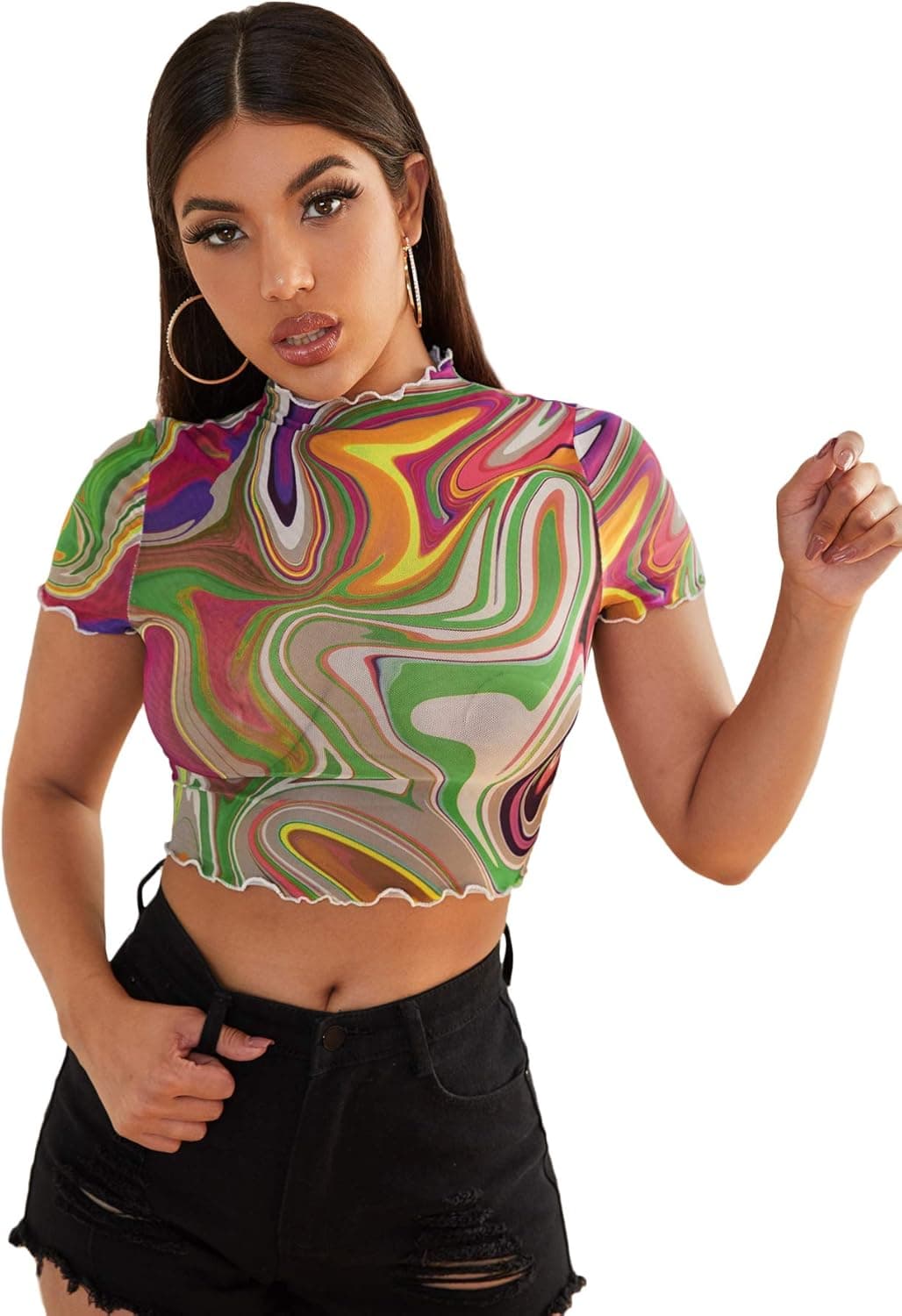 SweatyRocks Women's Short Sleeve Print See Through Sheer Mesh Crop Top T Shirt