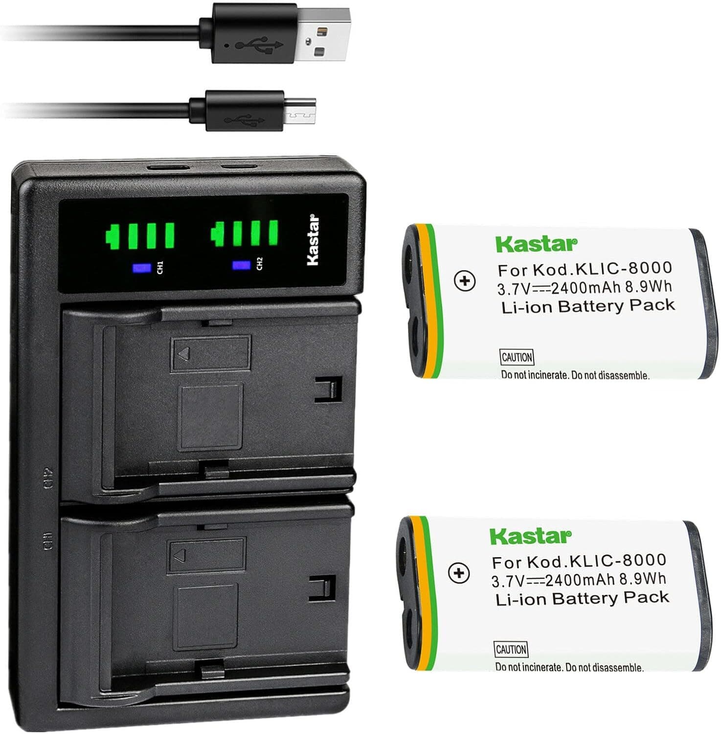 Kastar 2-Pack KLIC-8000 Battery and LTD2 USB Charger Replacement for Kodak KLIC-8000 K8000 Battery, Kodak K7600-C, K8500-C Charger, Kodak Pocket Video Camera PlaySport ZX1, Pocket Video Camera ZXD