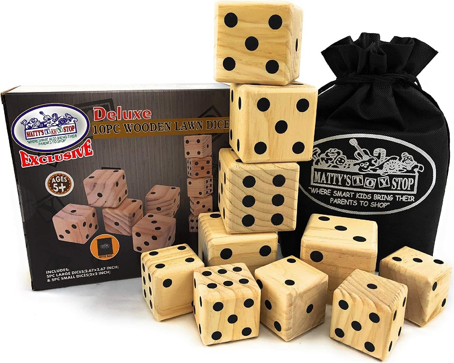 Matty's Toy Stop Deluxe 10pcs Wooden Lawn Dice Set - Features 5 (2.75") and 5 (2") Large Wooden Dice with Storage Bag